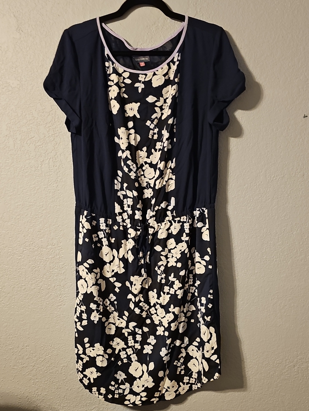 Vince Camuto Navy Floral Drawstring Midi Dress with Purple Trim